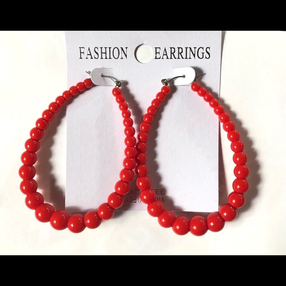 5 For $50🔥 Red-Orange Plastic Beaded Large Hoop Earrings Boho 70s Style